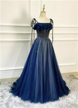 Picture of Shiny Navy Blue Tulle Straps Long Prom Dress Party Dress, A-line Beaded Prom Dress